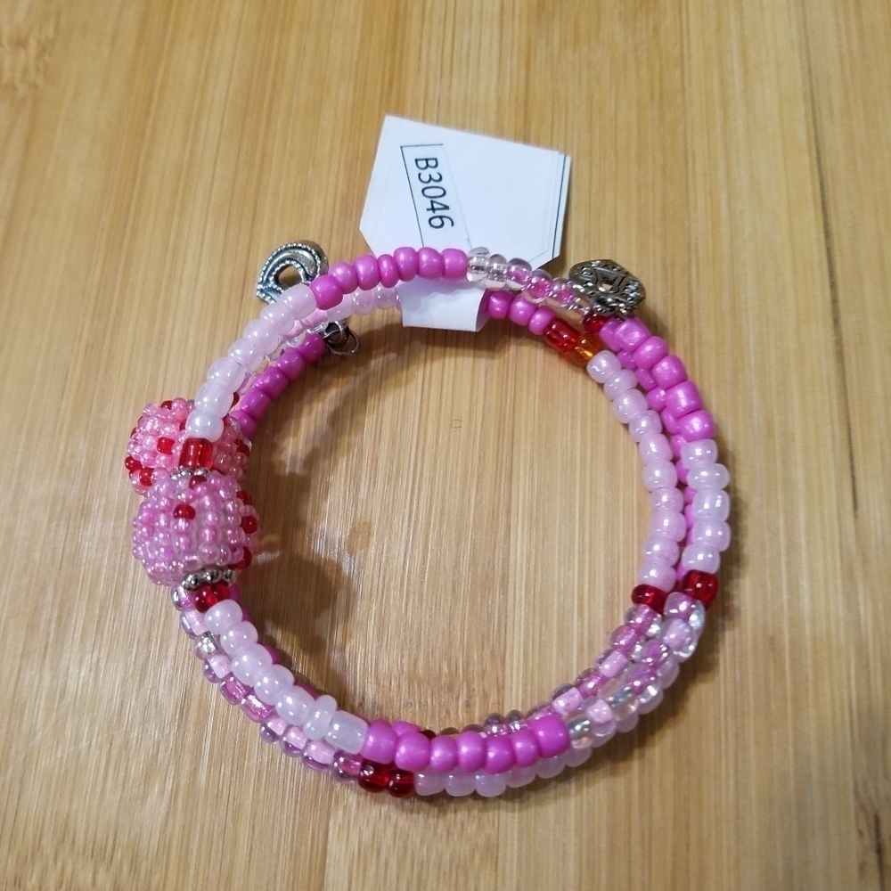 Hand Crafted Memory Wire Wrap Bracelet with Charms Pink/Red Small